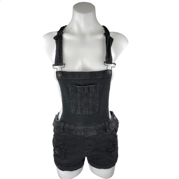 Wax Jean Women's Black Sleeveless Denim Jean Romper Overalls Shorts Size M - Picture 1 of 3